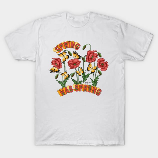 Spring Has Sprung - Poppies And Butterflies Art T-Shirt by Designoholic